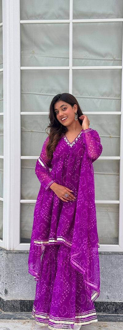 Purple Bandhani Printed Sharara Set with Gota Patti Detailing