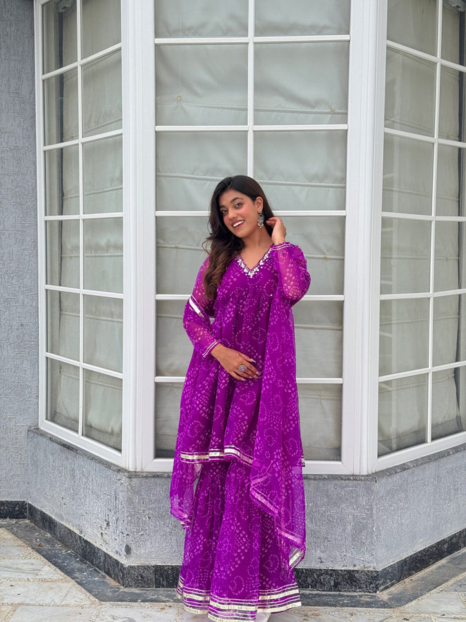 Purple Bandhani Printed Sharara Set with Gota Patti Detailing