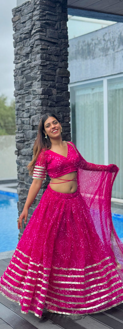Fuchsia Pink Bandhani Lehenga Choli with Gota Patti Border