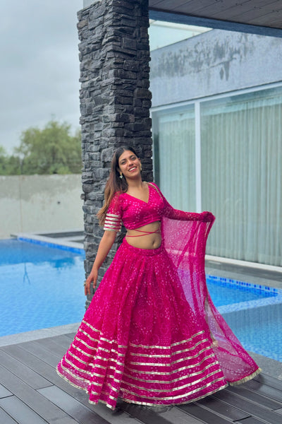 Fuchsia Pink Bandhani Lehenga Choli with Gota Patti Border