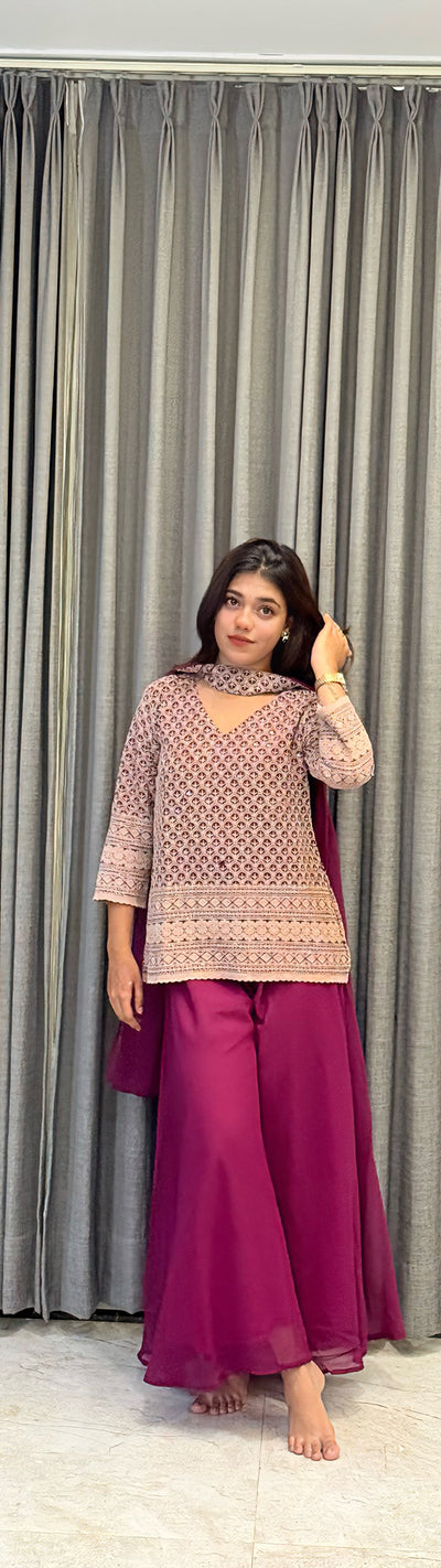 Printed Beige Kurta & Wine Sharara Set with Matching Dupatta