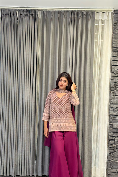 Printed Beige Kurta & Wine Sharara Set with Matching Dupatta