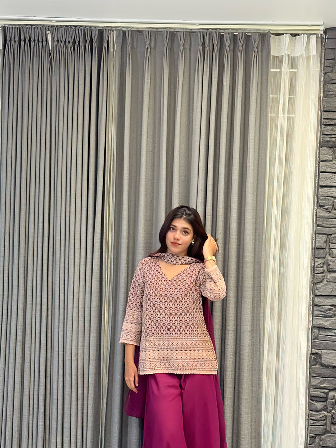 Printed Beige Kurta & Wine Sharara Set with Matching Dupatta