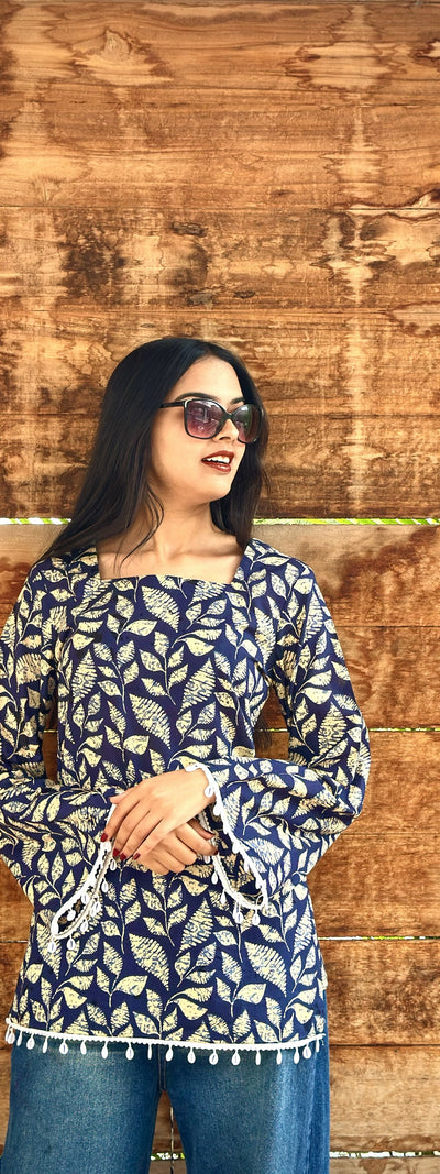 Cotton Corset Back Kurti Top-Boho Printed Square Neck Tunic