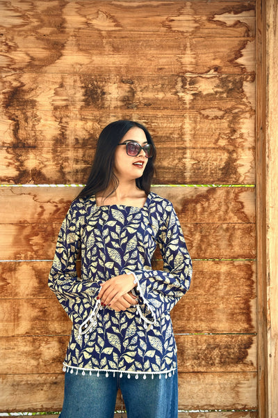 Cotton Corset Back Kurti Top-Boho Printed Square Neck Tunic