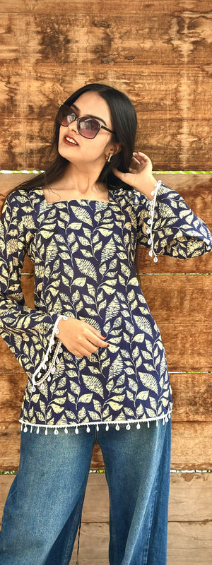 Cotton Corset Back Kurti Top-Boho Printed Square Neck Tunic