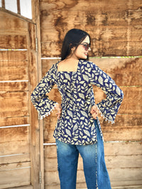 Cotton Corset Back Kurti Top-Boho Printed Square Neck Tunic
