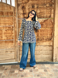 Cotton Corset Back Kurti Top-Boho Printed Square Neck Tunic