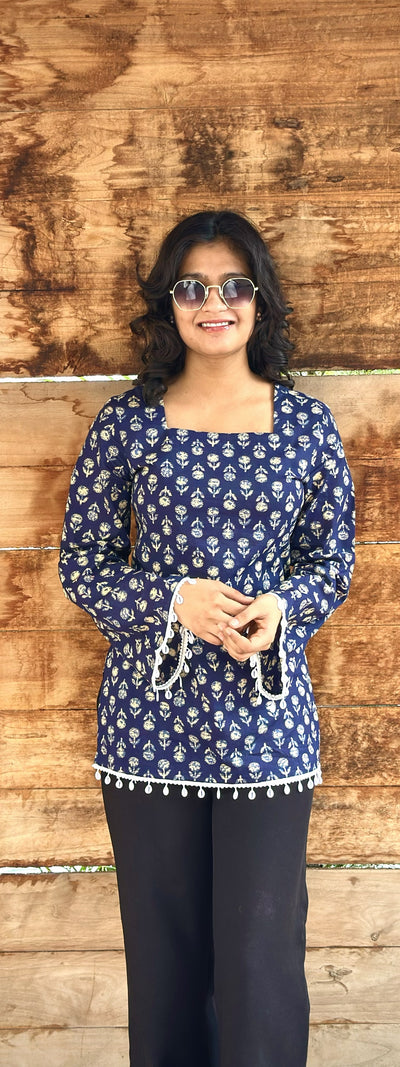 Navy Blue Cotton Corset Back Top for Women | Hand Block Print Square Neck Kurti Top | Casual & Festive Wear (S-XXL)