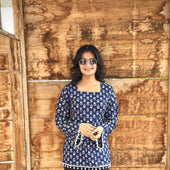 Navy Blue Cotton Corset Back Top for Women | Hand Block Print Square Neck Kurti Top | Casual & Festive Wear (S-XXL)