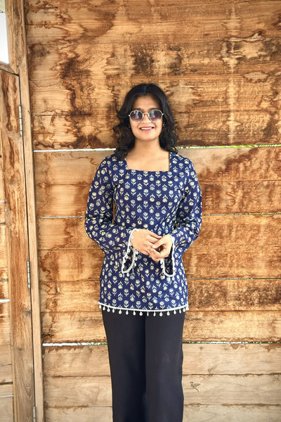 Navy Blue Cotton Corset Back Top for Women | Hand Block Print Square Neck Kurti Top | Casual & Festive Wear (S-XXL)