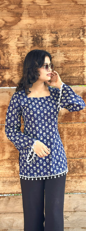 Navy Blue Cotton Corset Back Top for Women | Hand Block Print Square Neck Kurti Top | Casual & Festive Wear (S-XXL)