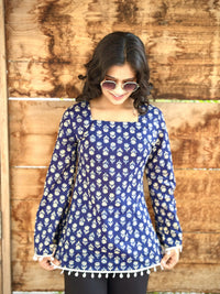Navy Blue Cotton Corset Back Top for Women | Hand Block Print Square Neck Kurti Top | Casual & Festive Wear (S-XXL)