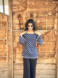 Navy Blue Cotton Corset Back Top for Women | Hand Block Print Square Neck Kurti Top | Casual & Festive Wear (S-XXL)