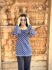 Navy Blue Cotton Corset Back Top for Women | Hand Block Print Square Neck Kurti Top | Casual & Festive Wear (S-XXL)