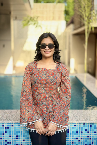 Cotton Corset Back Kurti Top for Women | Boho Printed Square Neck Tunic | Stylish Summer Ethnic Top