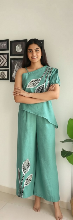 Sea Green One Shoulder Cotton Cord Set