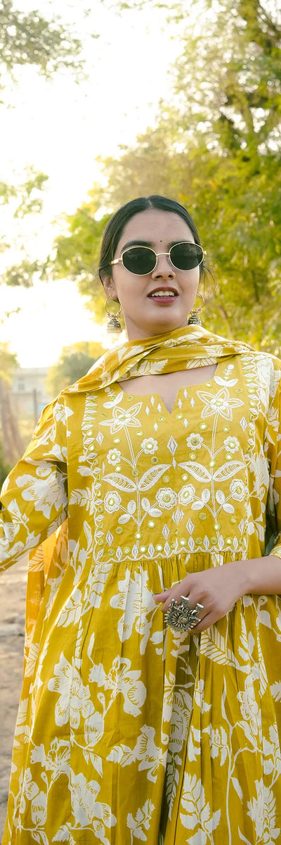 Haldi Foliage Anarkali Kurta 3-Piece Set