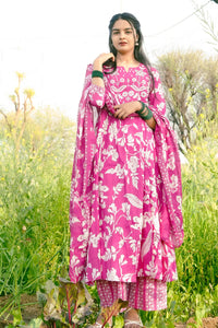 Rose Foliage Anarkali Kurta 3-Piece Set