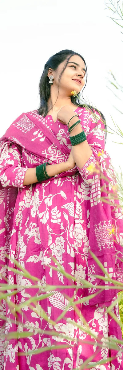 Rose Foliage Anarkali Kurta 3-Piece Set