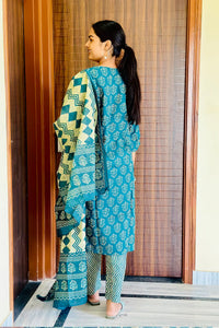 Teal Buti Straight Kurta 3-Piece Set