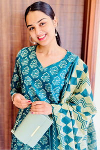 Teal Buti Straight Kurta 3-Piece Set