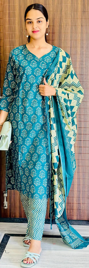 Teal Buti Straight Kurta 3-Piece Set