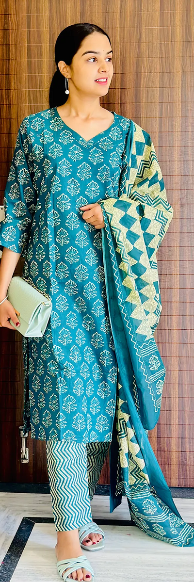 Teal Buti Straight Kurta 3-Piece Set