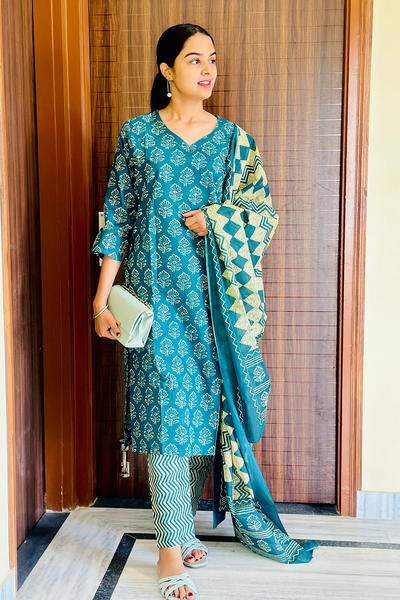 Teal Buti Straight Kurta 3-Piece Set