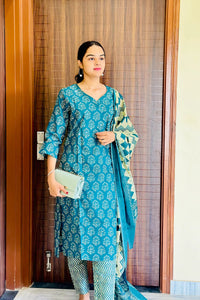 Teal Buti Straight Kurta 3-Piece Set