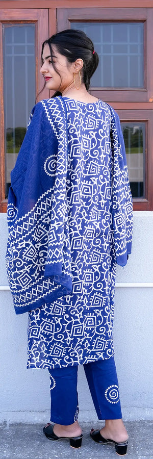 Indigo Ajrakh Straight Kurta 3-Piece Set