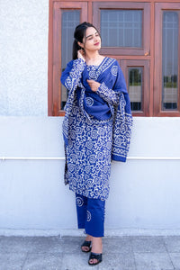 Indigo Ajrakh Straight Kurta 3-Piece Set