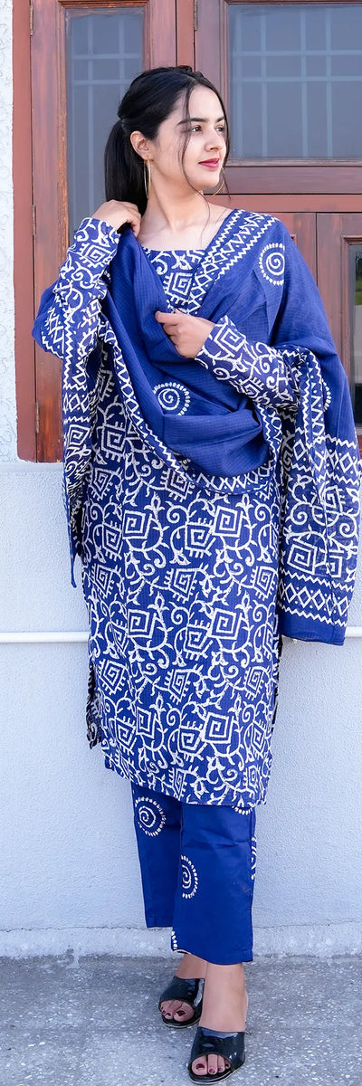 Indigo Ajrakh Straight Kurta 3-Piece Set