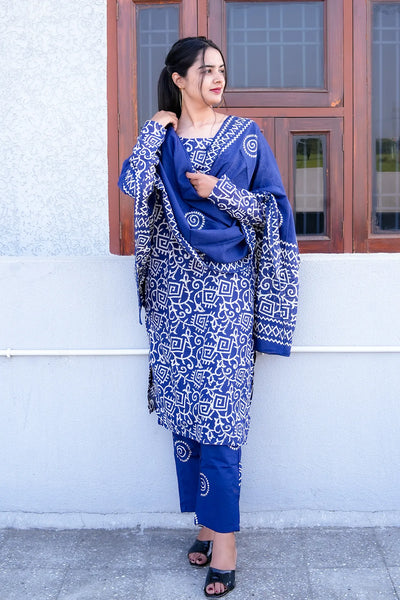 Indigo Ajrakh Straight Kurta 3-Piece Set